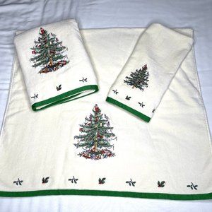 Spode Christmas Towels Set 3 Pcs White With Green Trim 2 Bath 1 Hand